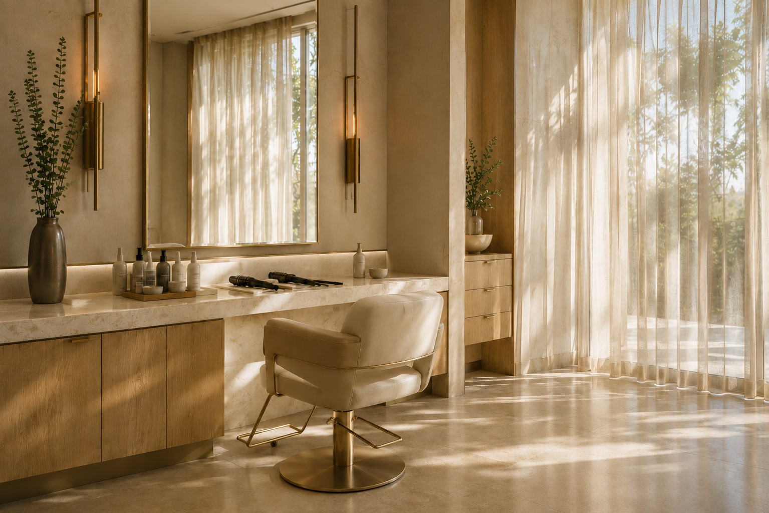 An empty ORLA styling chair beside a polished station, tall eucalyptus and morning light passing through sheer linen curtains.